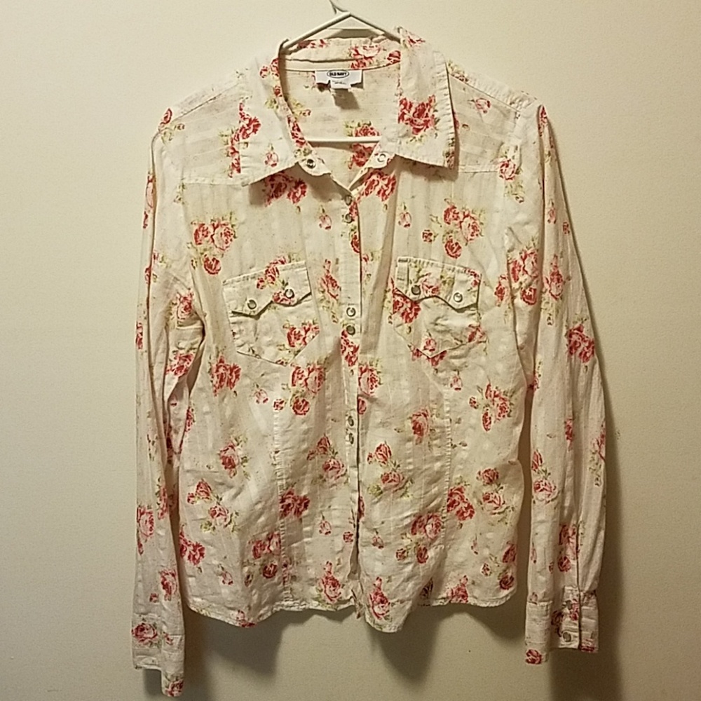 Old Navy Pink and White Floral Button Down Shirt